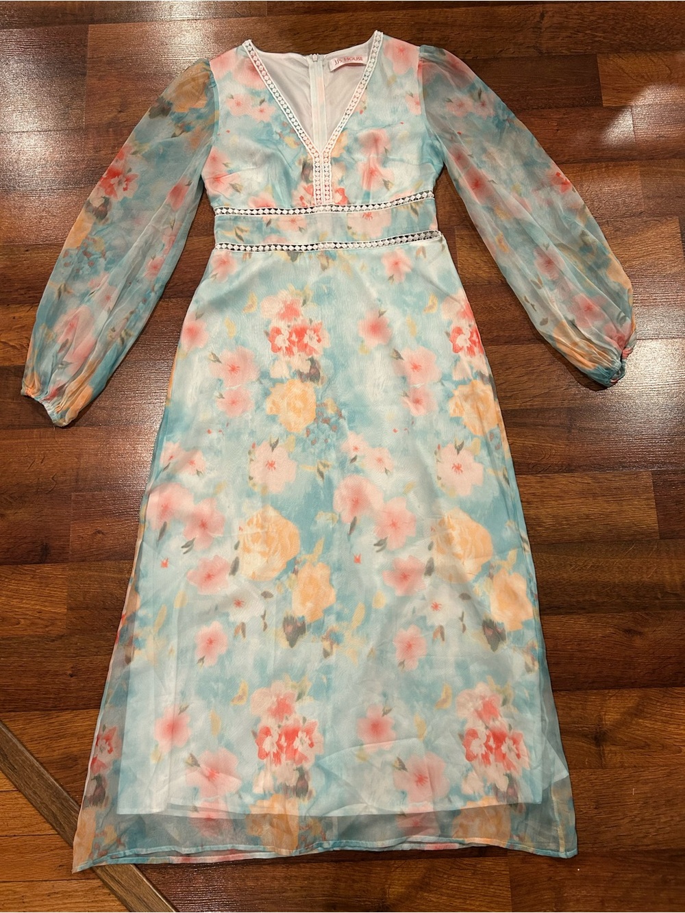 JJ's House Floral Maxi Length Puff Sleeve Dress Medium Blue Pink